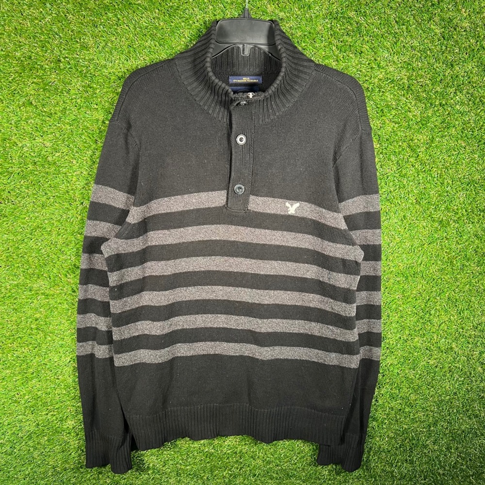 American Eagle Outfitters Mens Large Black‎ Striped Mock Neck Button Sweater